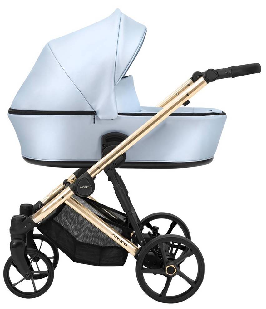 Wózek 3w1 Kunert Arizo Premium Baby Blue – niebieski zestaw z gondolą, spacerówką i fotelikiem, złoty stelaż, eko skóra – sklep Dadi-Shop