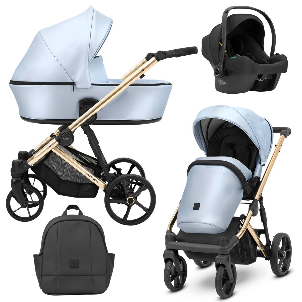Wózek 3w1 Arizo Premium Baby Blue – wielofunkcyjny zestaw: gondola, spacerówka i fotelik, błękitna eko skóra – Dadi-Shop