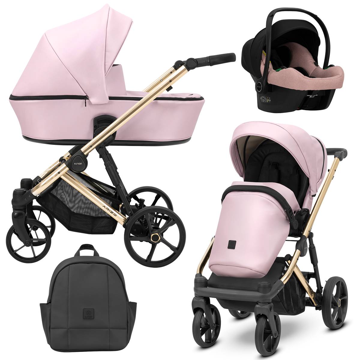 Wózek 3w1 dla dziewczynki Kunert Arizo Baby Pink – różowy model z ekoskóry ze złotą ramą i fotelikiem Cosmo,