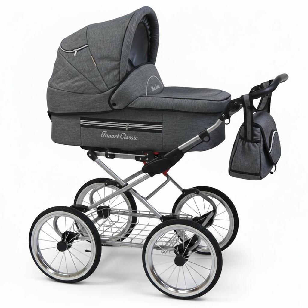 Szary wózek retro Fanari Classic z torbą na dużych kołach – klasyczny model vintage.