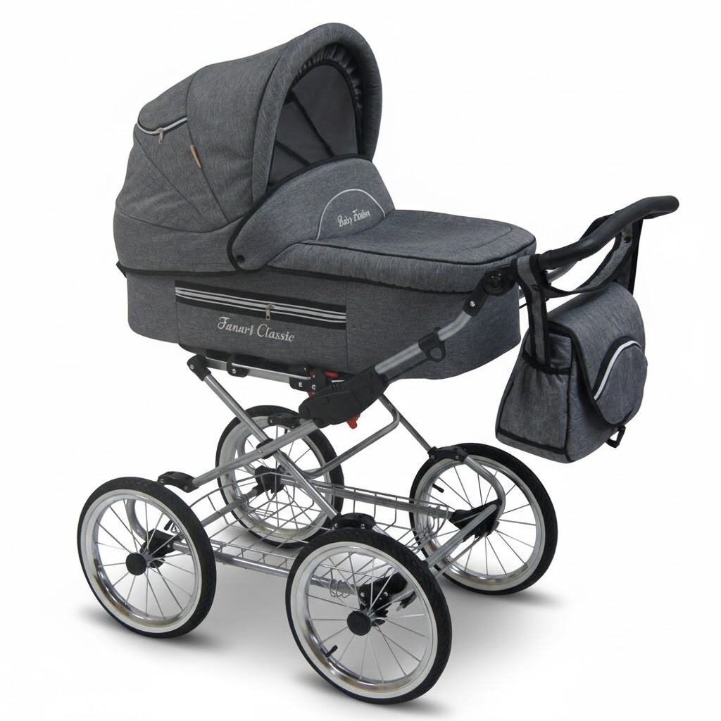 Szary wózek klasyczny Fanari Classic z dużą gondolą i torbą na dużych pompowanych kołach.