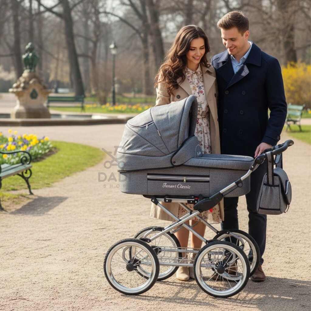 Wózek dziecięcy retro Fanari Classic - para z dzieckiem na spacerze w parku.