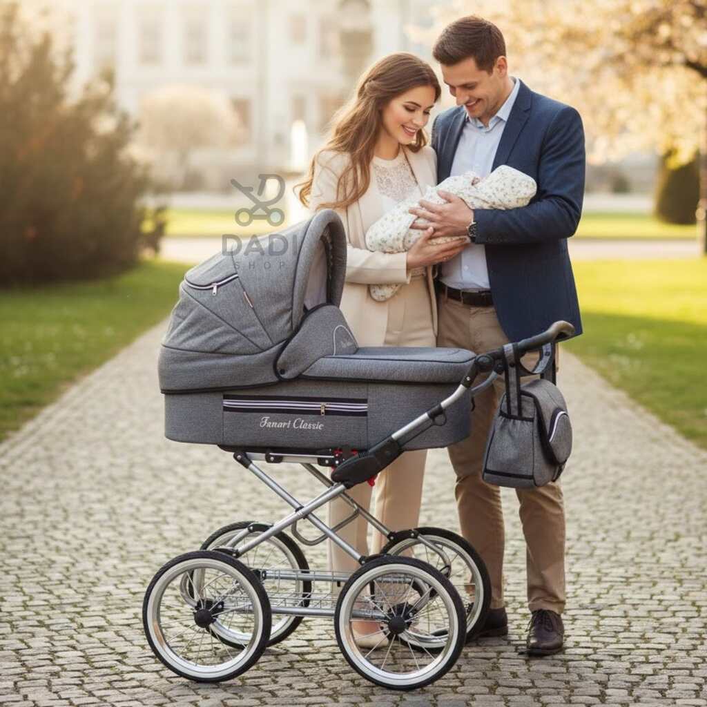 Para z niemowlęciem i wózkiem retro Fanari Classic na spacerze – klasyczny styl vintage w mieście.