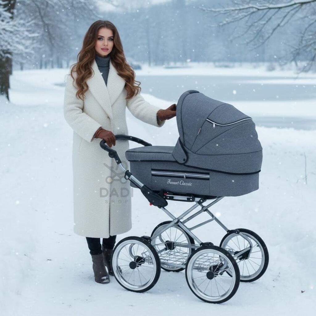 Kobieta z szarym wózkiem retro Fanari Classic w zimowej scenerii – klasyczny styl vintage na śniegu.