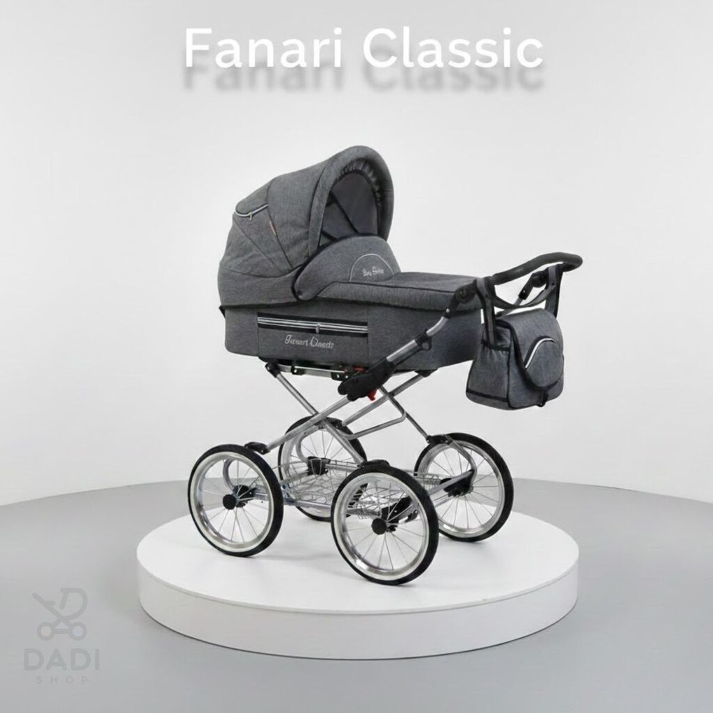 Grafitowy wózek dziecięcy Fanari Classic w stylu retro na białym podestacie.