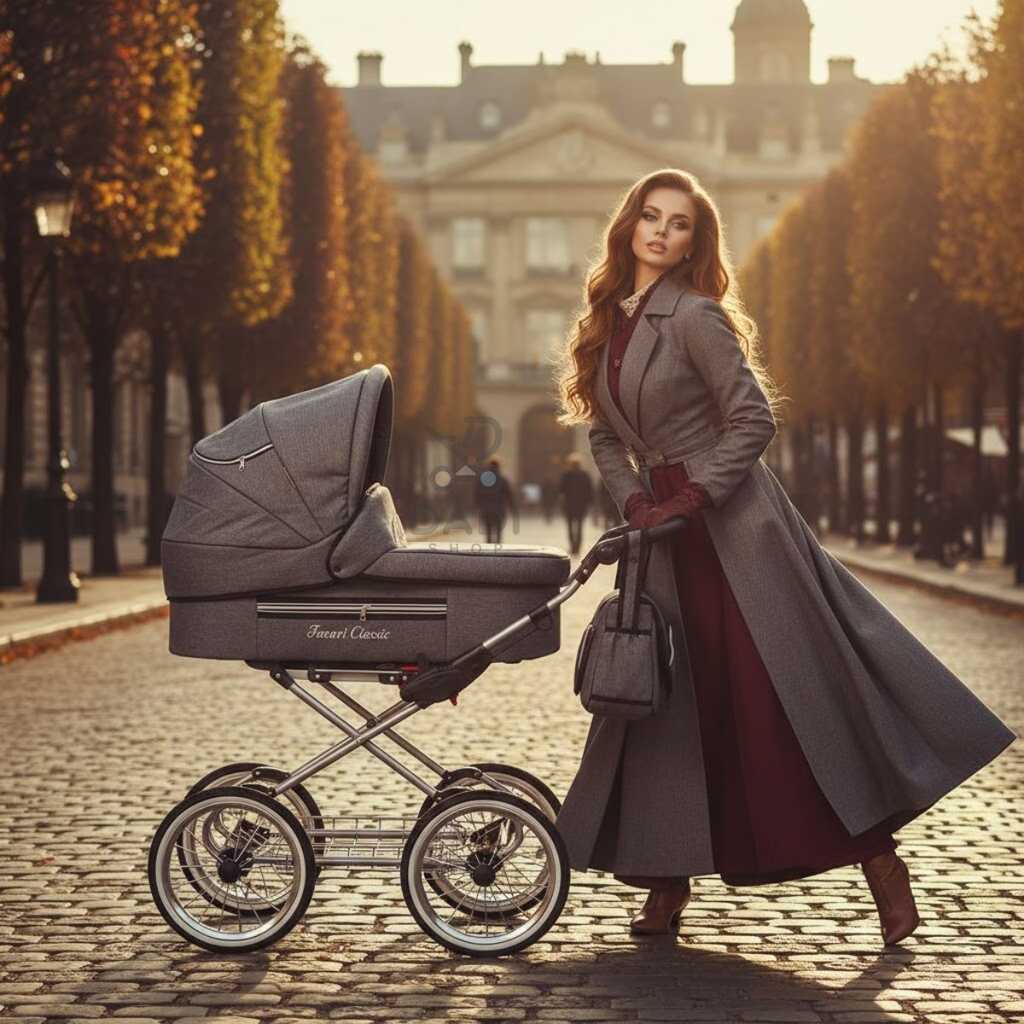 Elegancka kobieta w szarym płaszczu prowadzi grafitowy wózek retro Fanari Classic na brukowanej alei.