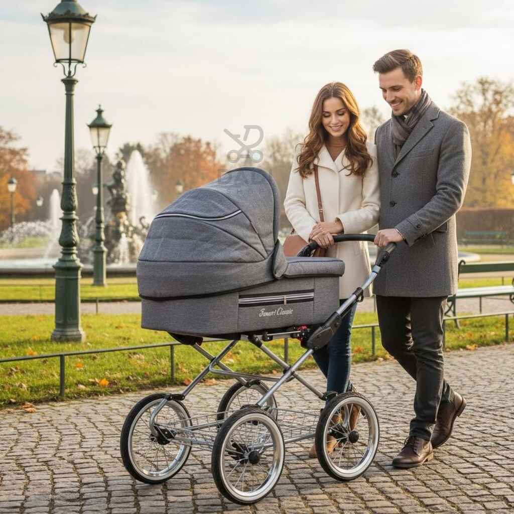 Stylowa para z szarym wózkiem vintage Fanari Classic w parku – klasyczny wózek retro w plenerze.