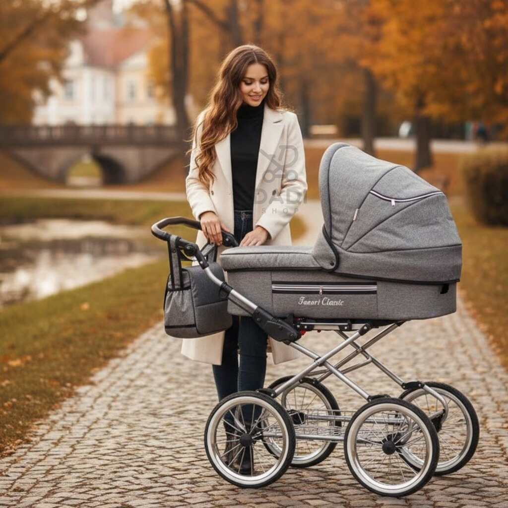 Kobieta prowadzi szary wózek retro Fanari Classic nad wodą – elegancki styl vintage w mieście.