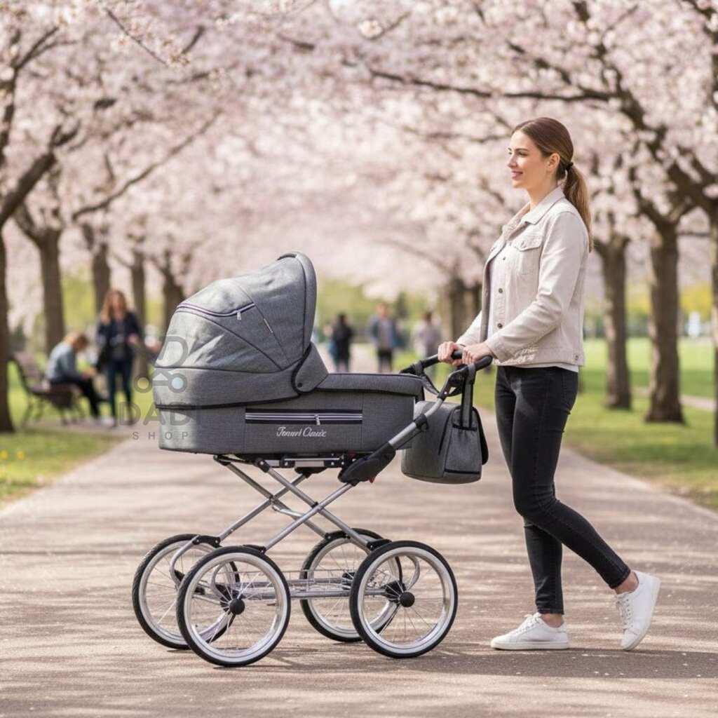 Kobieta spacerująca z szarym wózkiem retro Fanari Classic w alei kwitnących wiśni.