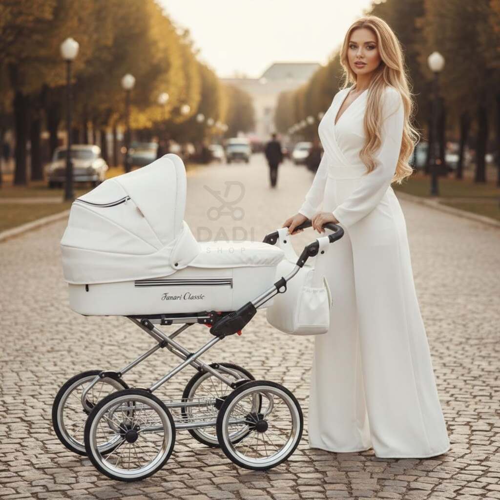 Elegancka kobieta w białej sukni spacerująca w parku z klasycznym wózkiem dziecięcym Fanari Classic.