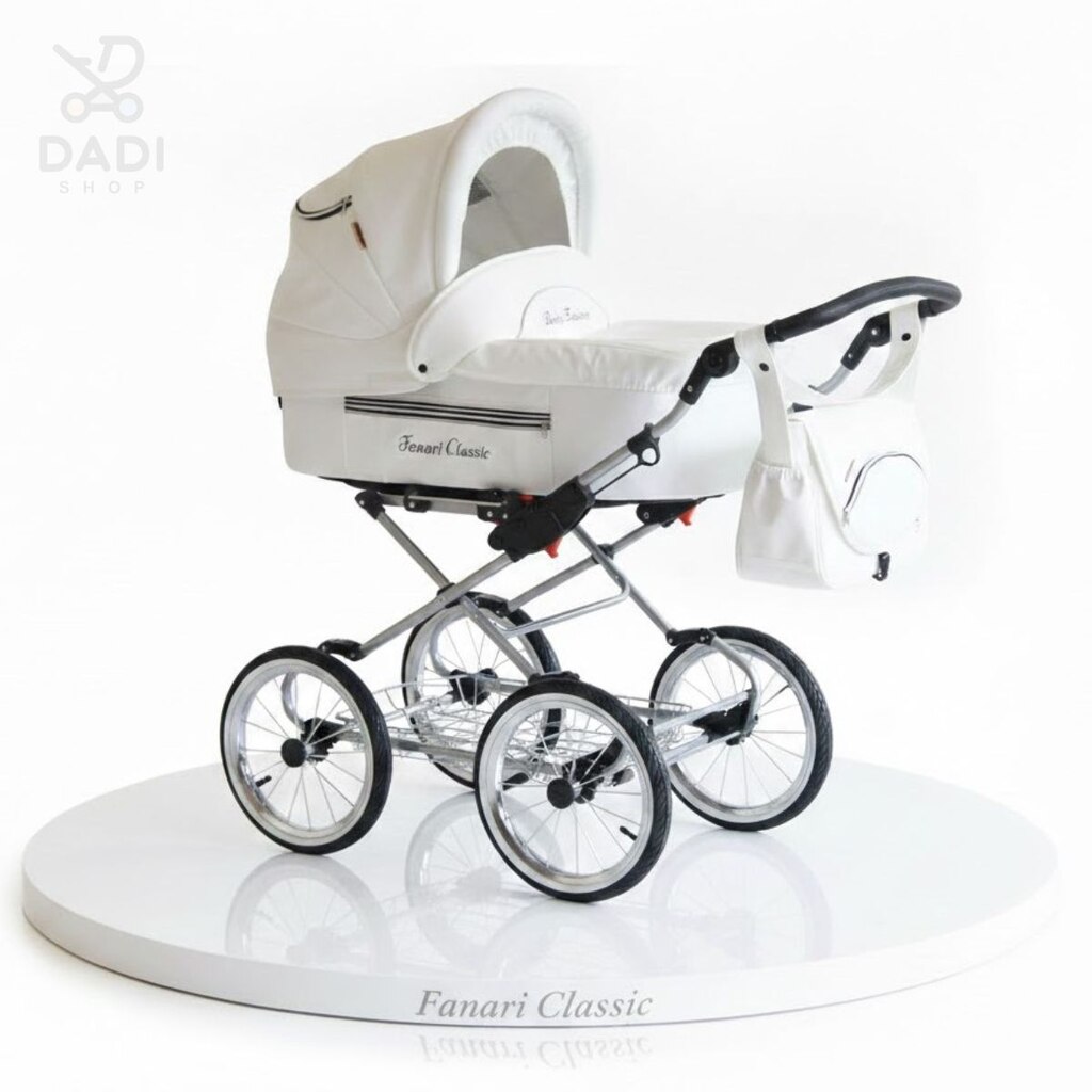 Biały wózek retro Baby Fashion Fanari Classic z torbą na stelażu, widok z boku na białym tle.