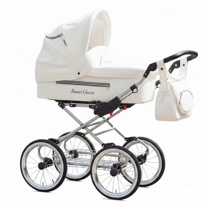 Biały wózek głęboki Baby Fashion Fanari Classic z torbą, widok z boku na jednolitym tle.