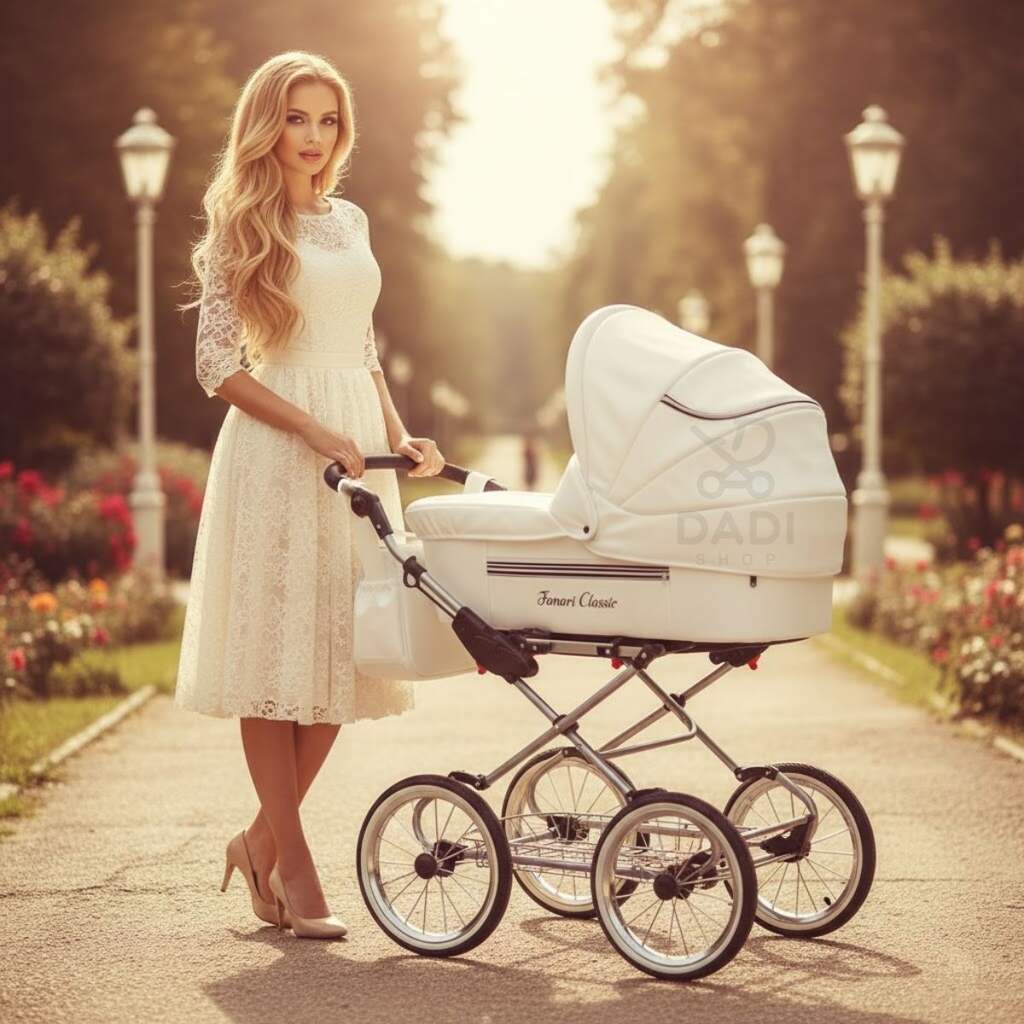 Kobieta w białej koronkowej sukience spaceruje z klasycznym białym wózkiem dziecięcym w parku.
