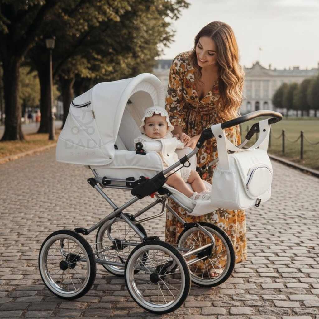 Elegancka mama w sukience w kwiaty spacerująca po bruku ze spacerowym wózkiem retro Fanari Classic z dzieckiem.