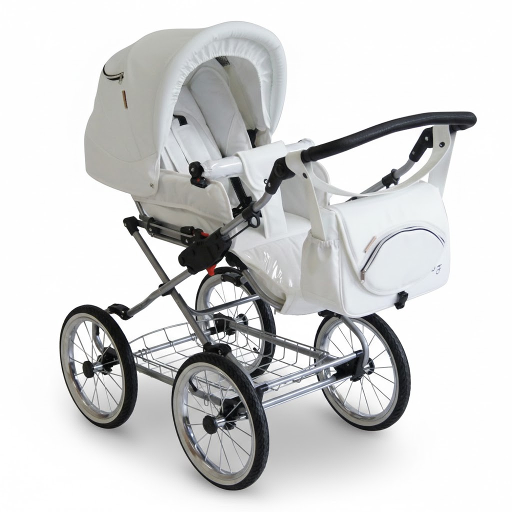 Biały wózek spacerowy Fanari Classic SLC-1 z torbą, klasyczny design na stelażu z dużymi kołami.