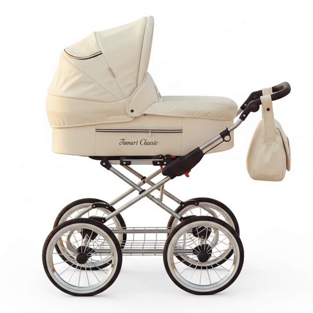 Kremowy wózek głęboki Fanari Classic na dużych kołach z torbą, widok z boku na białym tle.