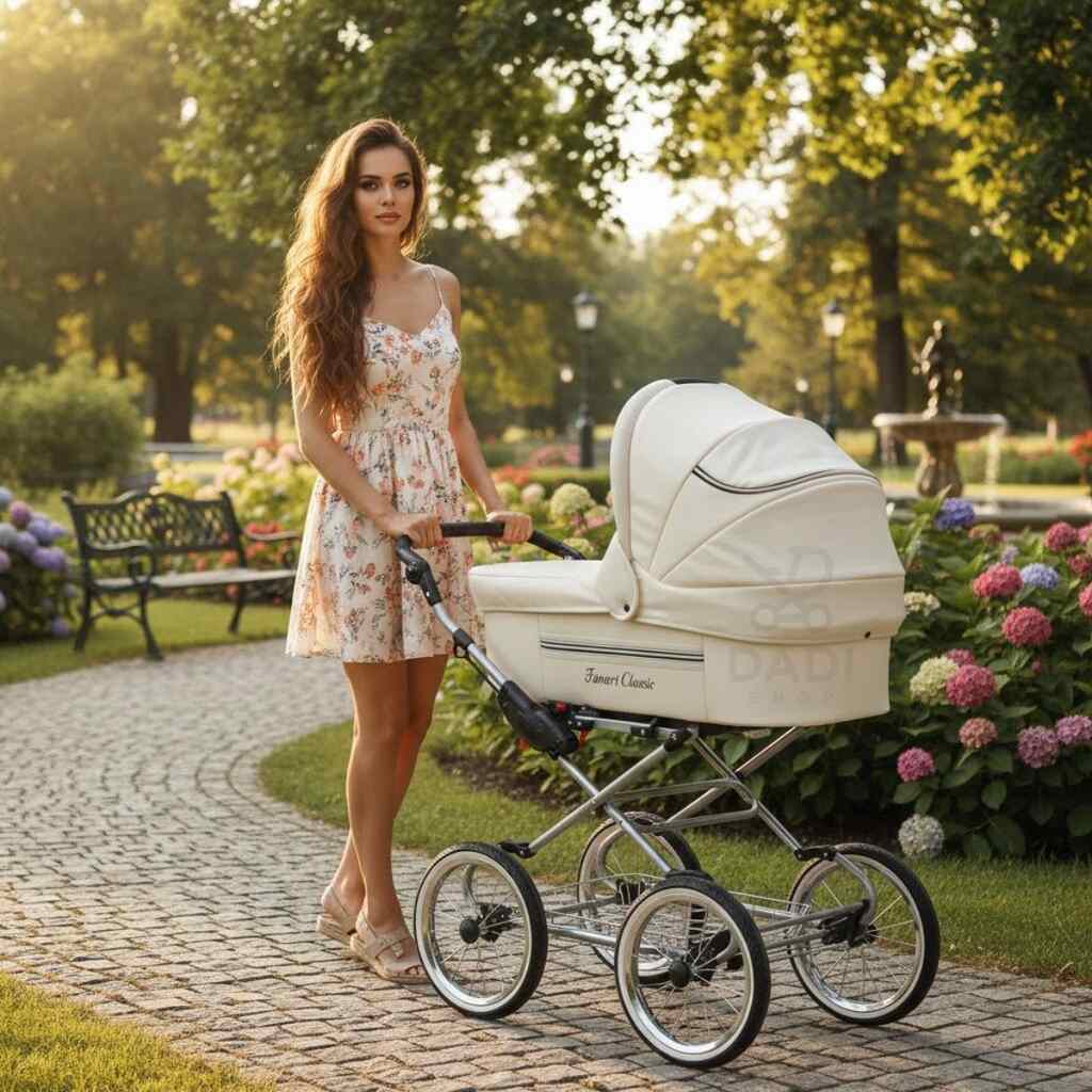 Kobieta w kwiecistej sukience prowadzi kremowy wózek Fanari Classic po parkowej alejce.