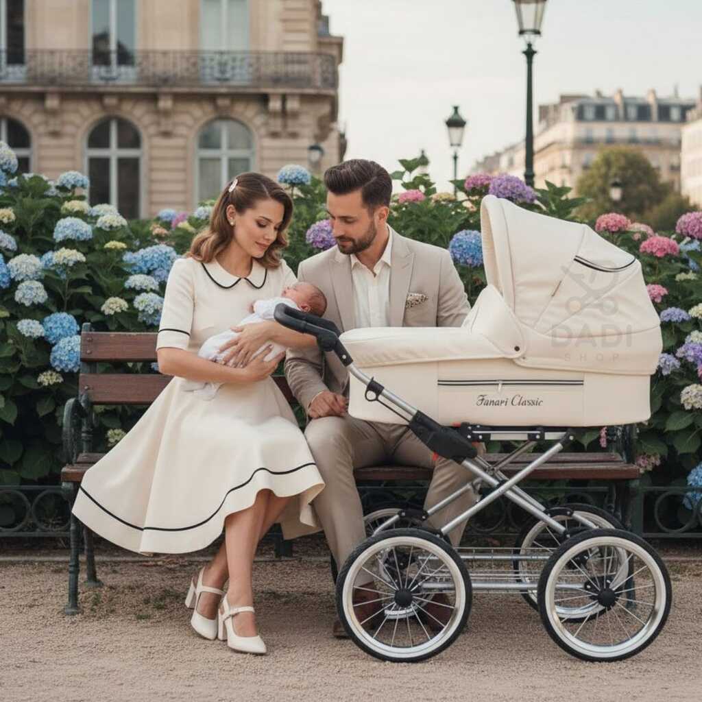 Rodzice z niemowlęciem siedzą na ławce w ogrodzie obok kremowego wózka retro Fanari Classic.