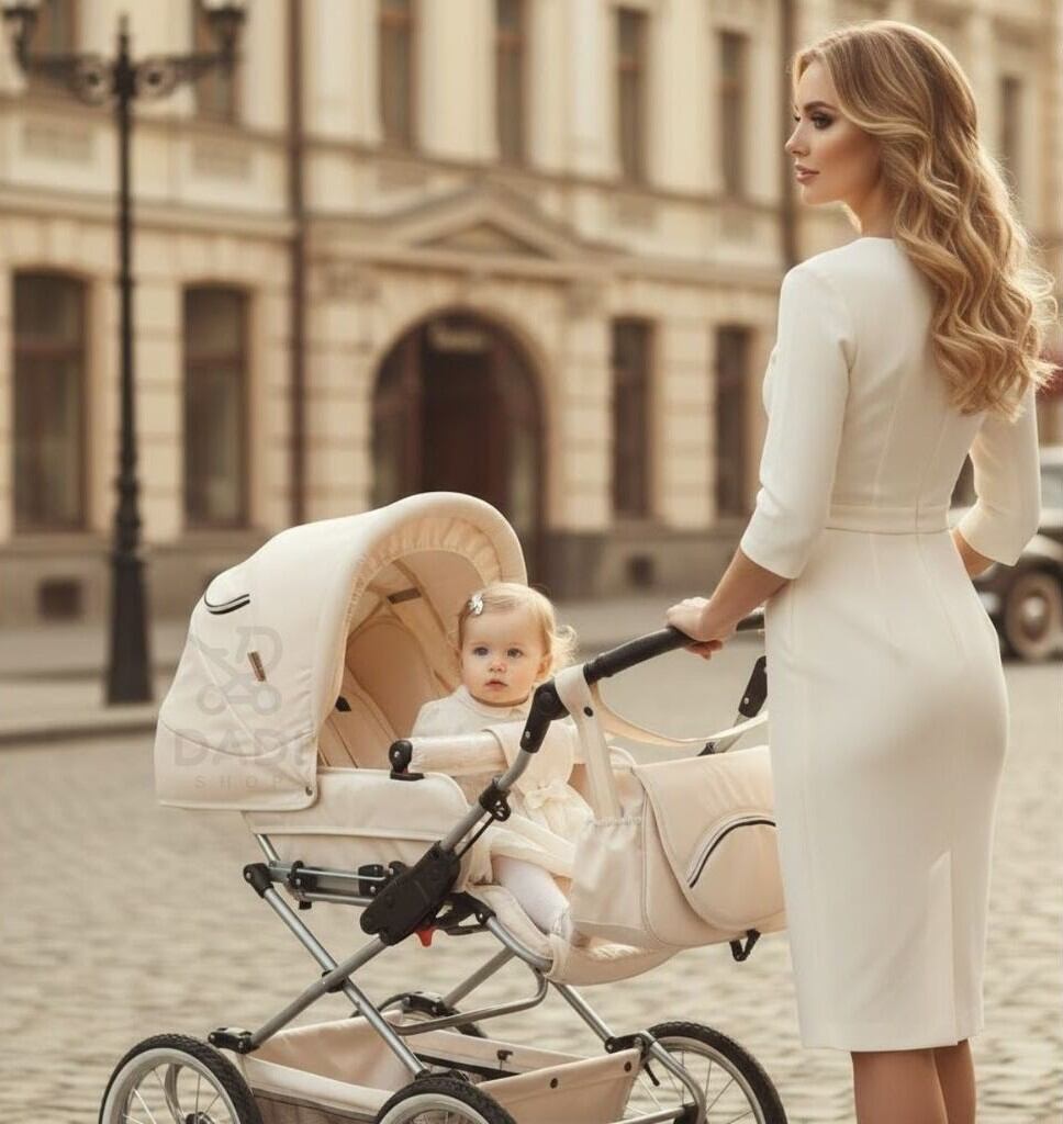 Kobieta prowadzi beżową spacerówkę retro Fanari Classic z dzieckiem po brukowanej ulicy.