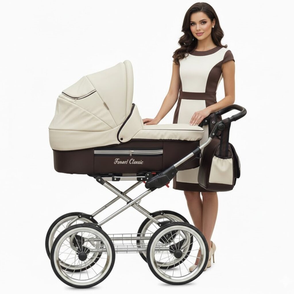 Wózek retro Fanari Classic w kolorze kawa z mlekiem przy kobiecie w dopasowanej sukience.
