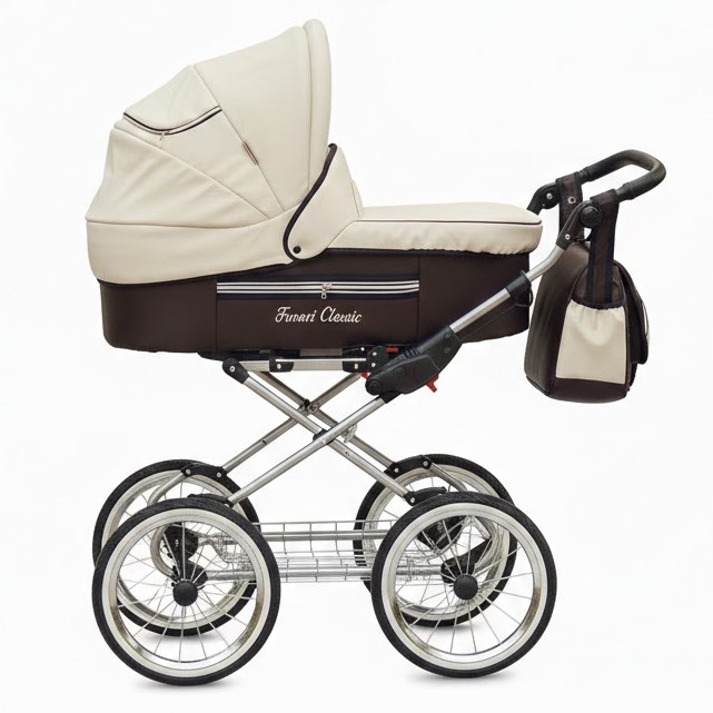 Klasyczny wózek retro Fanari Classic SLC-3 beżowo-brązowy z torbą, widok z boku na białym tle.