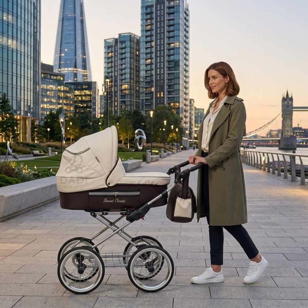 Kobieta prowadzi wózek Fanari Classic w stylu retro na tle nowoczesnej architektury i mostu Tower Bridge.