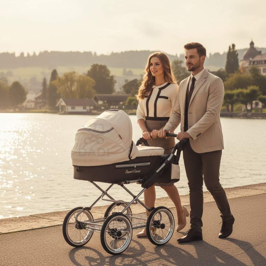 Elegancka para prowadzi beżowo-brązowy wózek retro Fanari Classic nad brzegiem jeziora o zachodzie słońca.