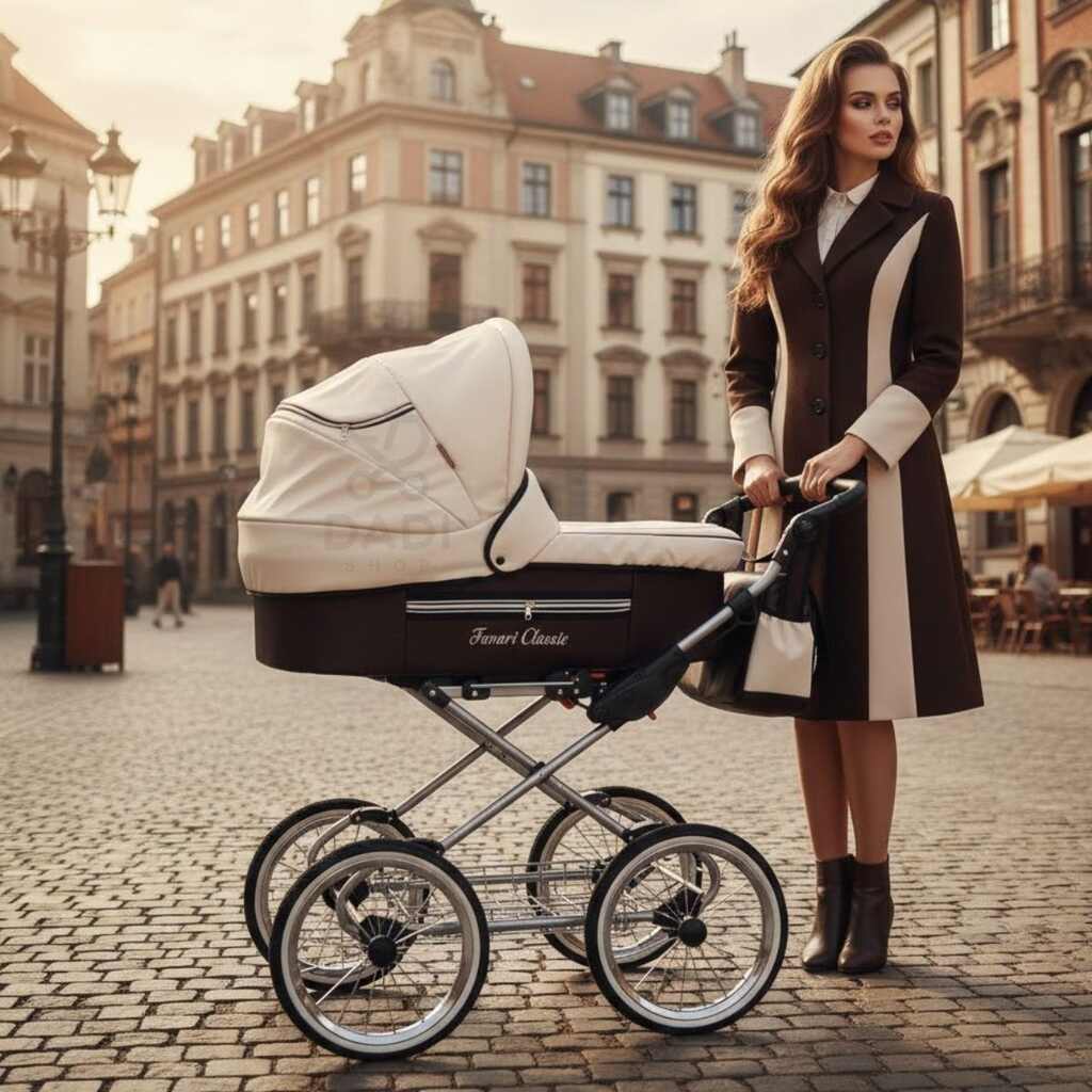 Klasyczny wózek dziecięcy vintage na dużych kołach prowadzony przez kobietę w jesiennej scenerii miejskiej.