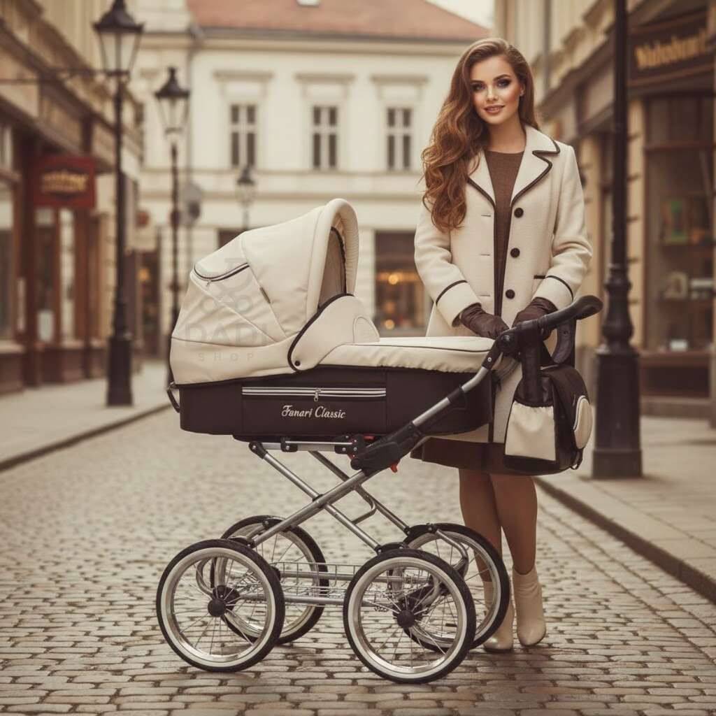 Kobieta w eleganckim płaszczu obok wózka dziecięcego Fanari Classic w stylu retro na brukowanej uliczce.