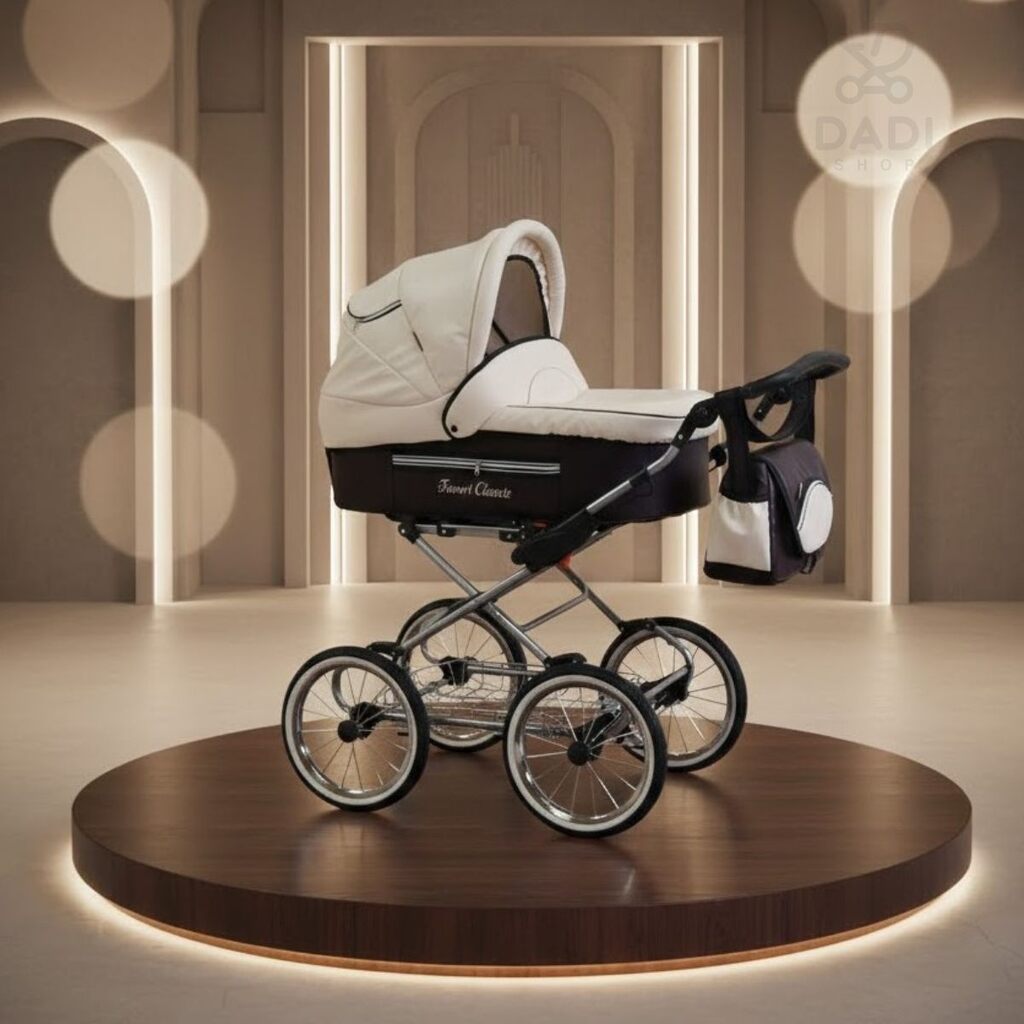 Elegancki wózek retro Fanari Classic w kolorze beżowo-brązowym na podświetlanym podeście.