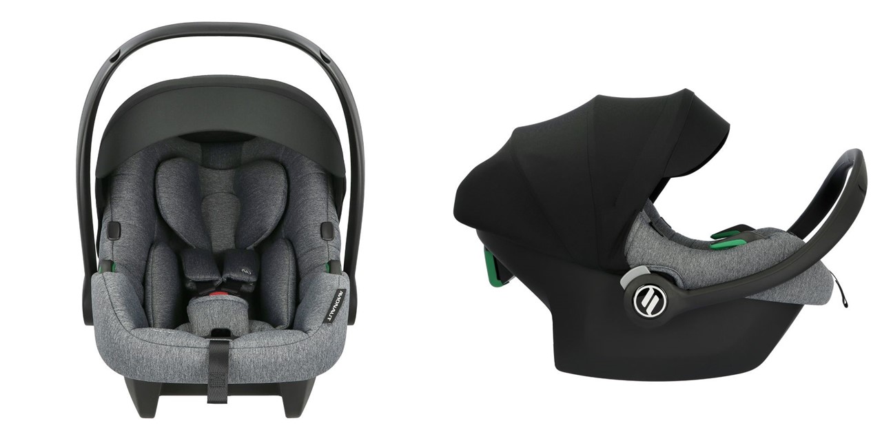 Dwa ujęcia fotelika Avionaut Cosmo: od przodu z widocznymi pasami oraz z profilu z rozłożoną budką.