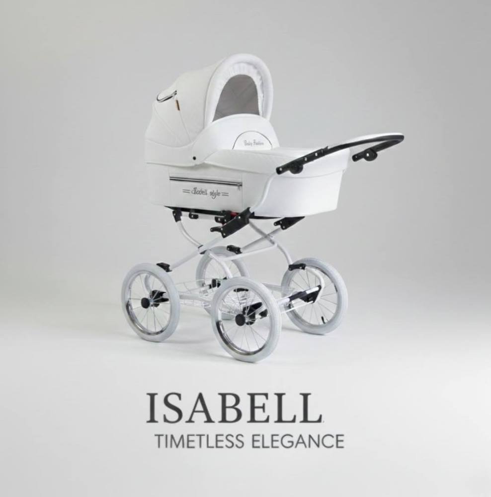 Baby Fashion Isabell 3in1 white 01 – classic retro pram with large wheels, clean studio shot, timeless elegance.