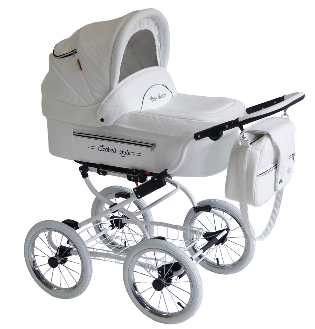 Baby Fashion Isabell 3w1 biały 01 – klasyczny wózek dziecięcy retro na dużych kołach, solidna i elegancka konstrukcja.