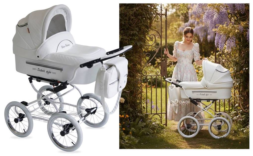 Baby Fashion Isabell 3w1 biały 01 – retro wózek dziecięcy z dużymi kołami, kobieta w sesji wizerunkowej