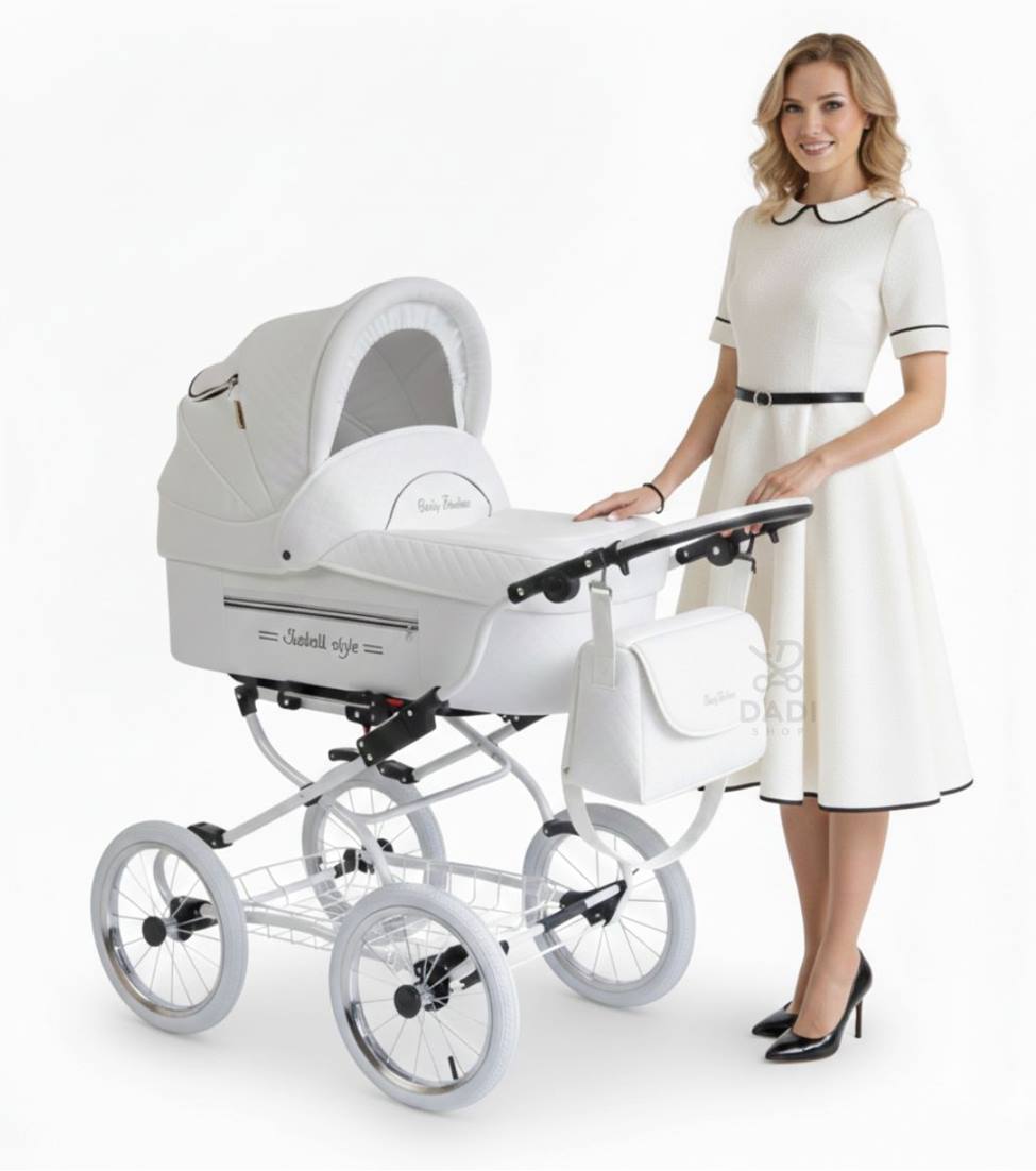 Baby Fashion Isabell 4w1 biały 01 – gondola z przodu w studio, elegancka kobieta w stylistyce retro stoi za wózkiem, packshot.