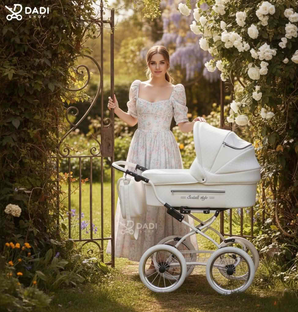 Wózek Isabell 4w1 biały retro – spacer wiosenny park lifestyle zaczarowany ogród. Dadi-shop