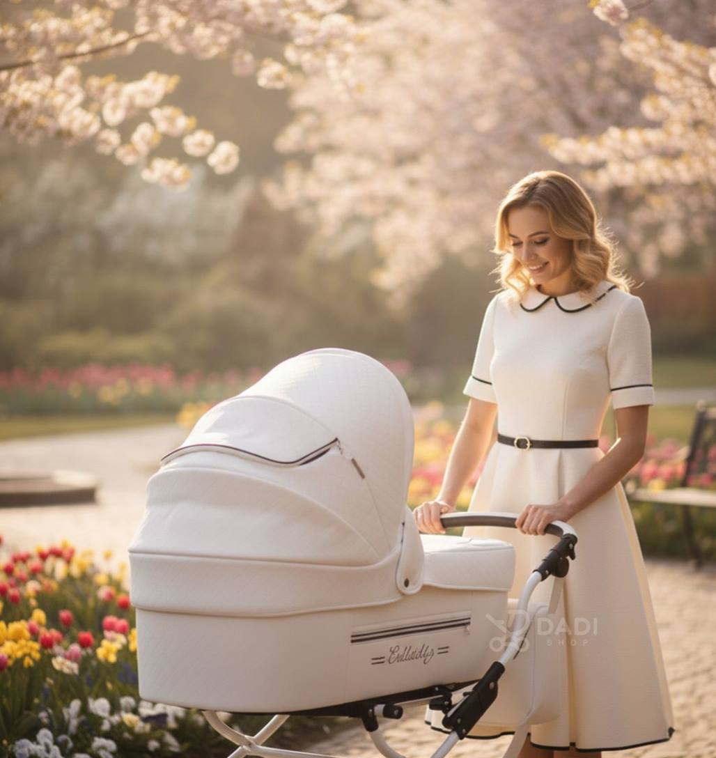 Kobieta spoglądająca na gondolę wózka vintage Baby Fashion ISABELL podczas spaceru w parku.