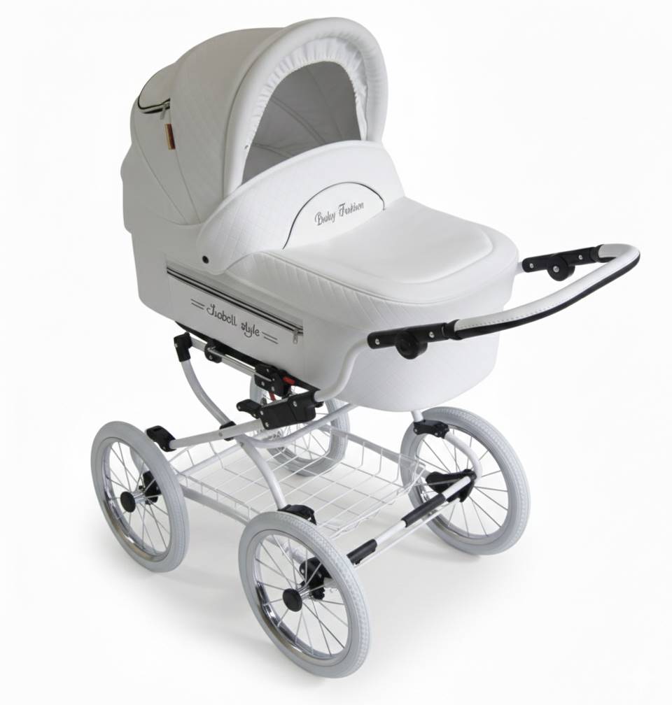 Biały wózek retro 2w1 Baby Fashion ISABELL z gondolą z pikowanej eko-skóry