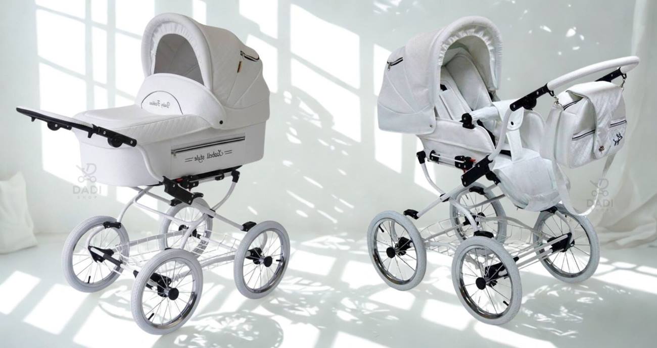 Wózek retro 2w1 Baby Fashion ISABELL – gondola i spacerówka na stelażu w aranżacji studyjnej.