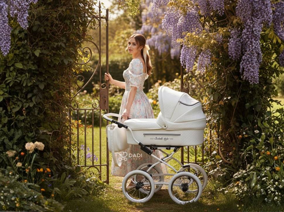 Kobieta przy furtce w ogrodzie z białym wózkiem retro 2w1 Baby Fashion ISABELL na dużych kołach.