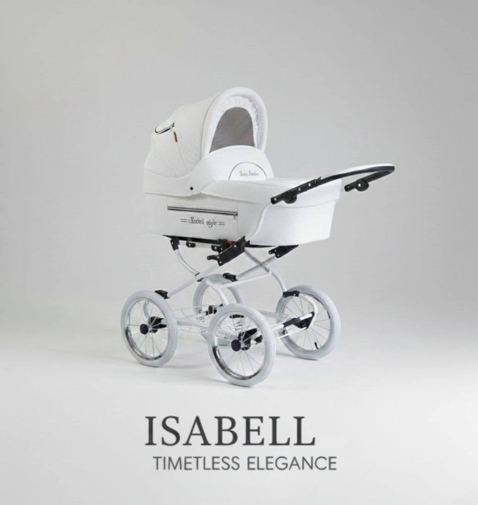 Biała gondola wózka retro Baby Fashion ISABELL 2w1 w studiu na dużych pompowanych kołach.