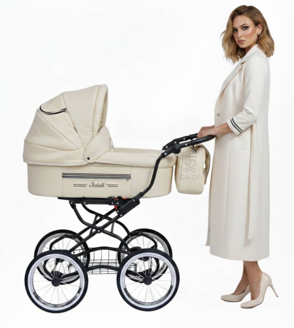 Beżowy wózek dziecięcy retro 3w1 z obszerną gondolą Isabell Baby Fashion od Dadi-Shop.