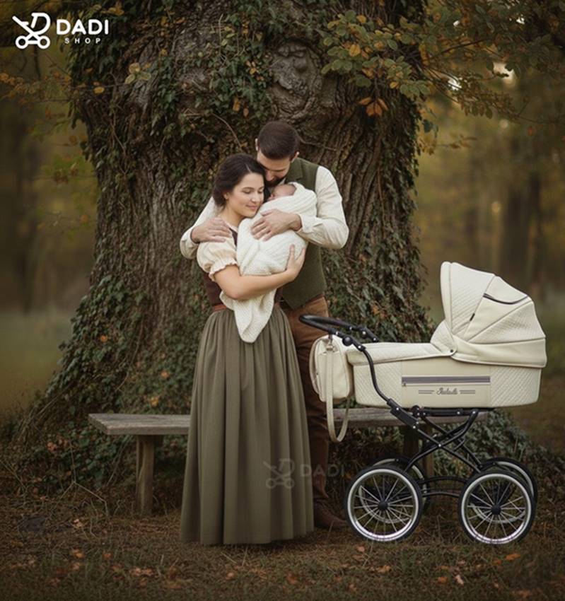 Wózek retro dla dziecka Baby Fashion ISABELL 3w1 – rodzice z niemowlęciem, plener.