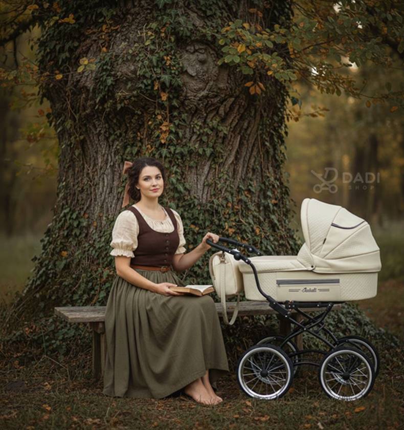 Wózek dla dziecka ISABELL 4w1 beżowy w plenerowej, leśnej sesji w stylu vintage.