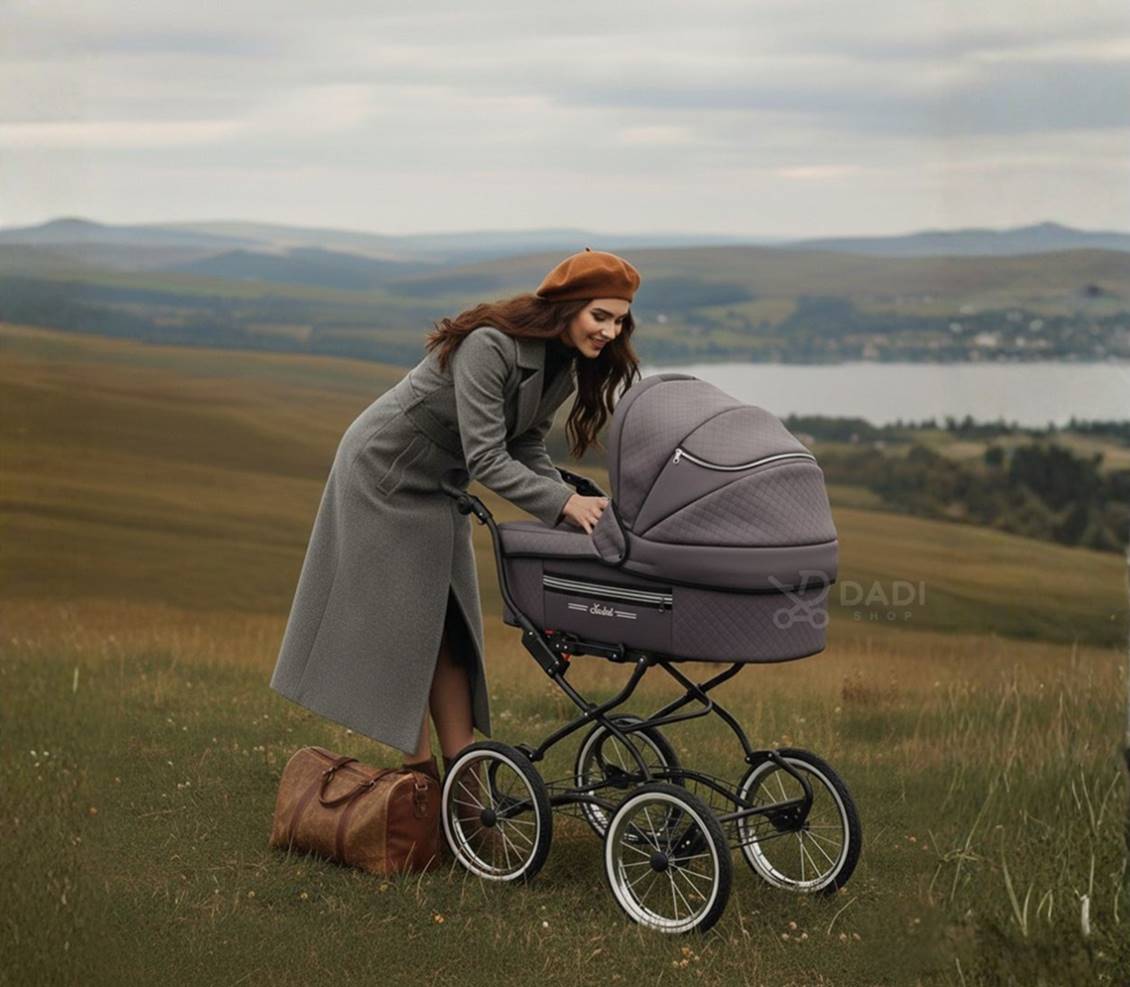 Wózek dziecięcy retro Isabell Baby Fashion na dużych kołach – panorama plenerowa.