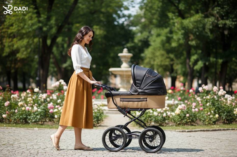 Wózek Baby Fashion ISABELL 2w1 Navy Gold – klasyczne koła podczas spaceru w parku