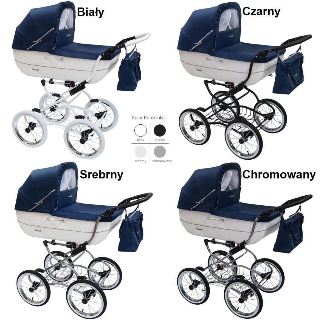 Zestawienie czterech wariantów kolorystycznych stelaża wózka Renee: biały, czarny, srebrny oraz chromowany.