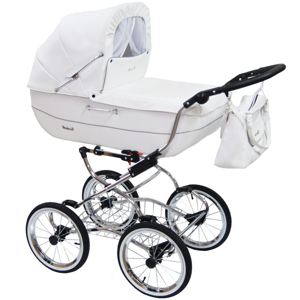 Biały wózek dziecięcy Baby Fashion Renee w stylu retro na dużych kołach z chromowanym stelażem i torbą.