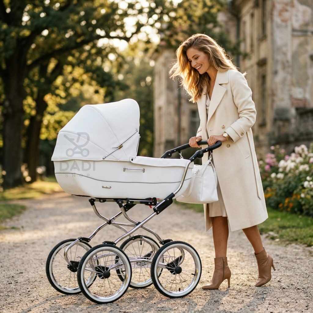 Uśmiechnięta kobieta w jasnym płaszczu prowadzi biały wózek retro Baby Fashion Renee po parkowej alejce.