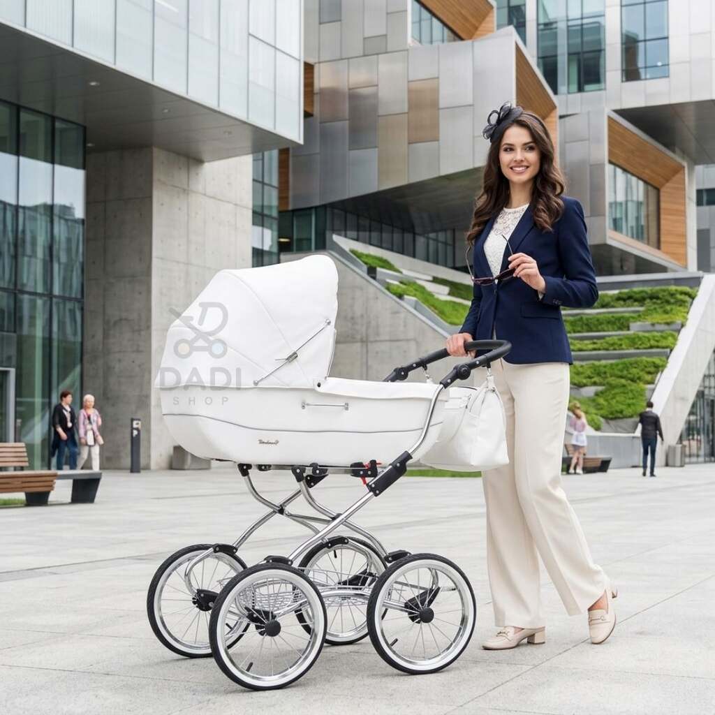Elegancka kobieta spaceruje z białym, klasycznym wózkiem dziecięcym na tle nowoczesnej architektury.